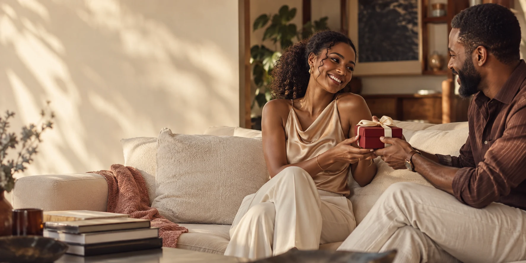 A couple sharing a burgundy gift box in their sunlit living room